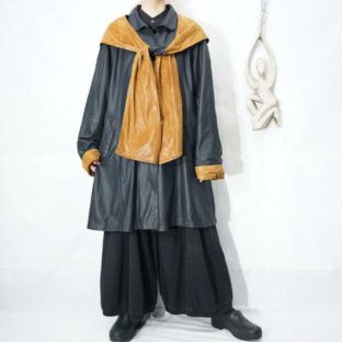 bi-color scarf like design leather coat *