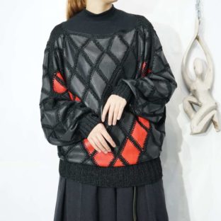 black × red leather knit pullover *