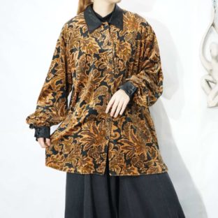 botanical pattern collar & cuffs satin switching velours shirt *