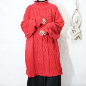 oversized red color roll neck cable knit *