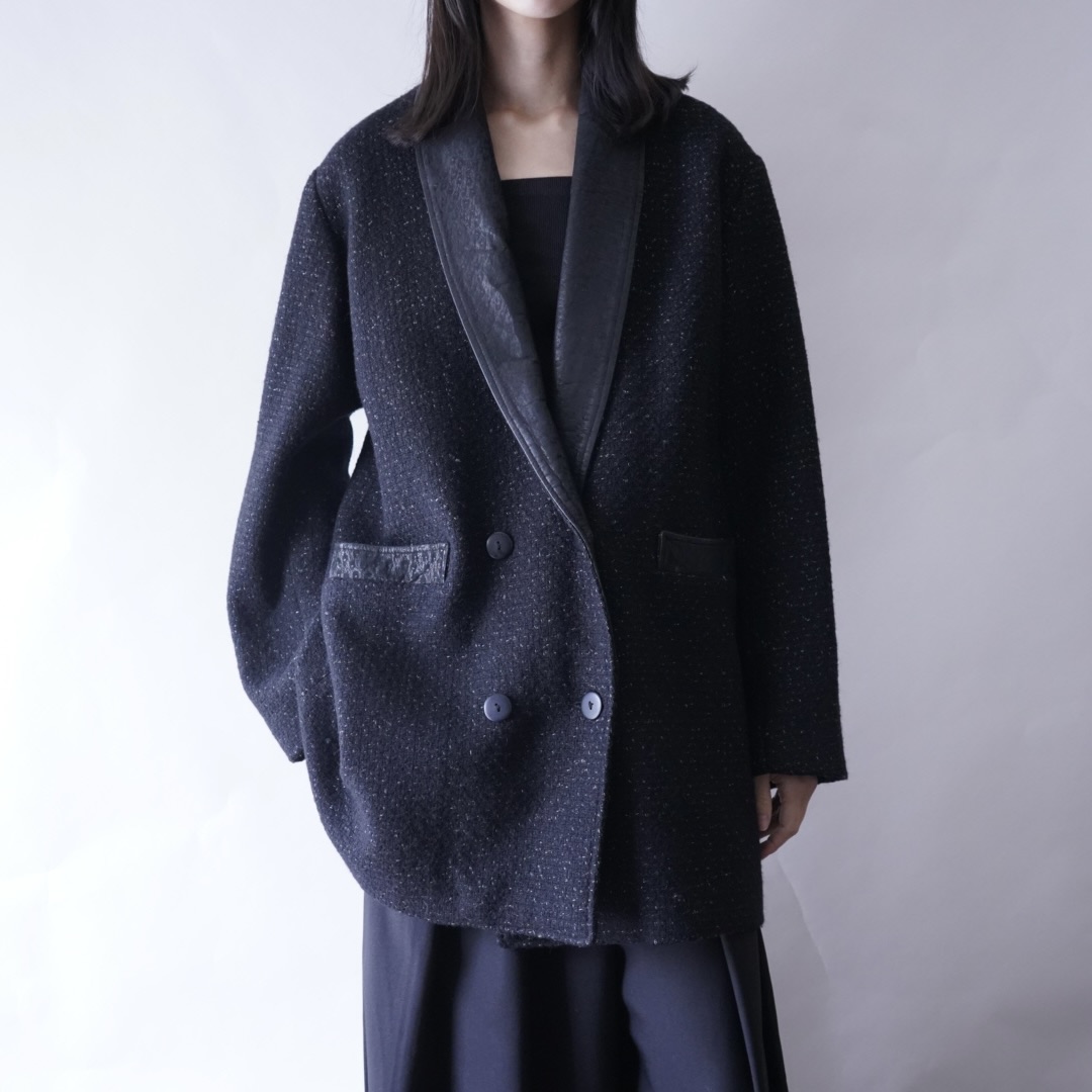 black & white nep mix leather switching easy jacket