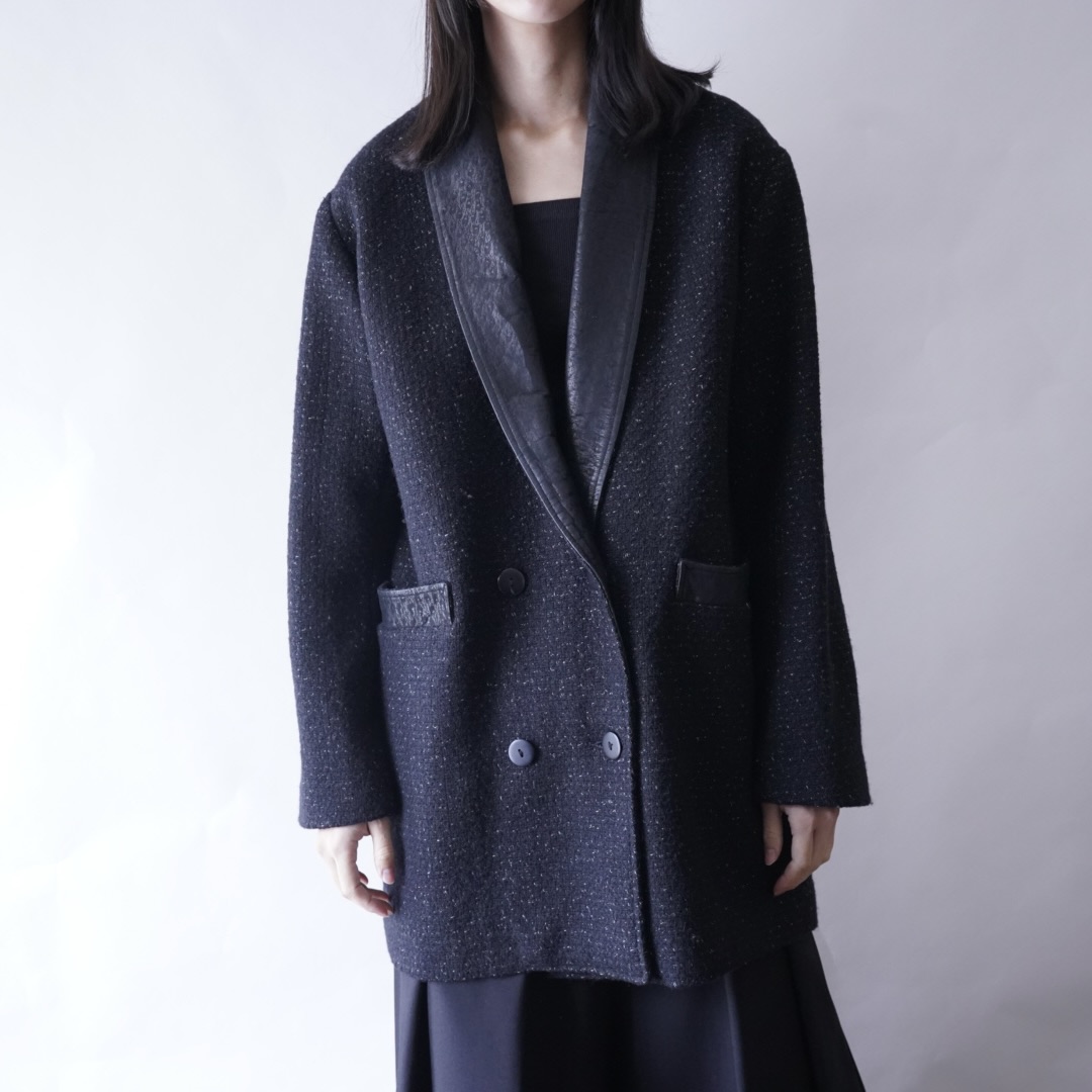 black & white nep mix leather switching easy jacket