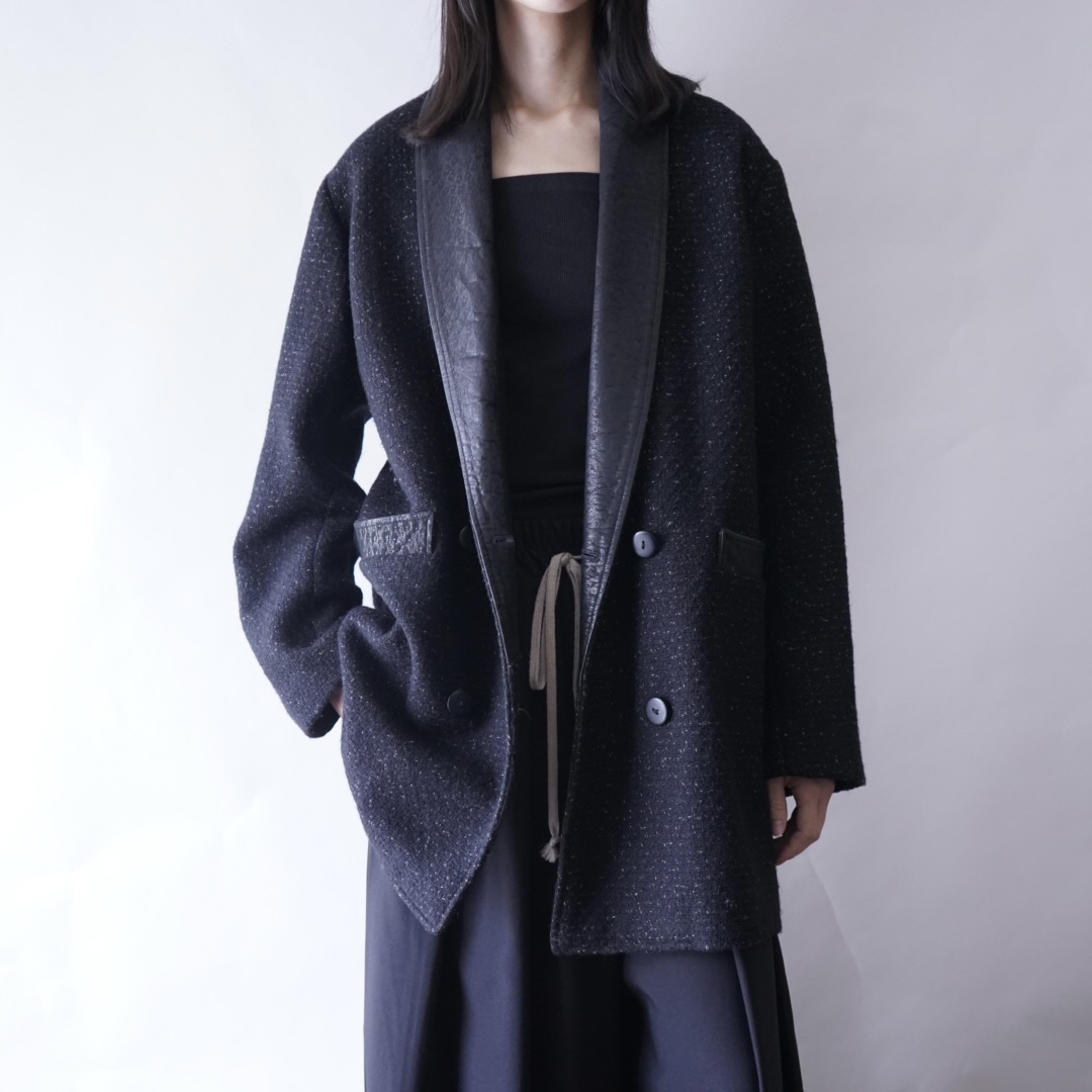 black & white nep mix leather switching easy jacket