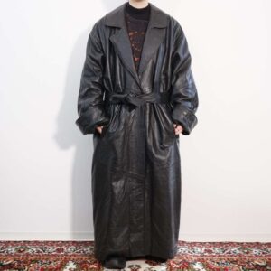 mode black leather maxi long coat