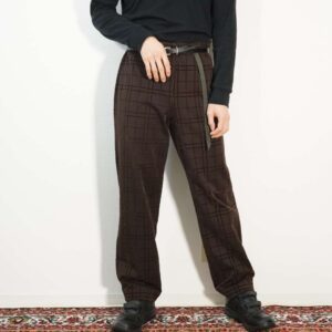 brown velour check pattern design pants
