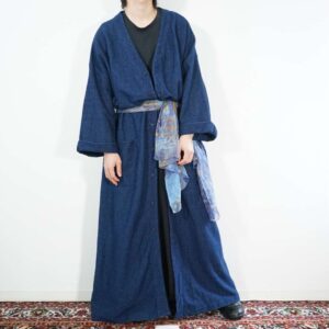oversized like denim fabric maxi long haori coat with scarf
