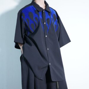 black × blue velours fire pattern shirt