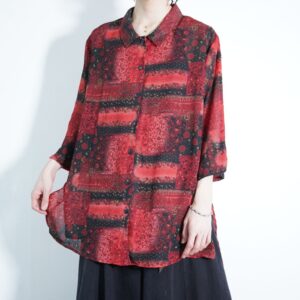 mode black × red arabesque flower motif see-through half sleeve shirt