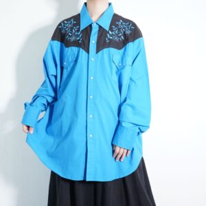 beautiful blue × black flower embroidery western shirt