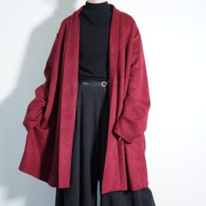 oversized burgundy color faux suede haori coat
