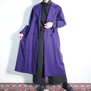 drape silhouette deep purple color maxi long gabardine coat