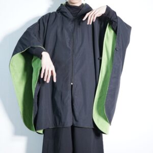 black smooth poly × neon green fleece reversible poncho