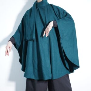 deep green color drape wool poncho