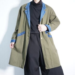 oversized khaki × blue denim switching coat