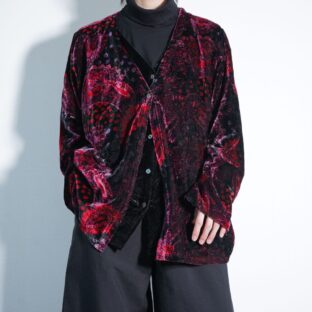 black × red glossy velours pattern fake layered haori jacket