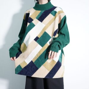 oversized green knit × switching fake suede knit