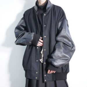 oversized black wool × leather switching stadium jacket