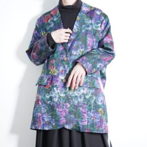 oversized dark green purple glossy flower pattern easy jacket