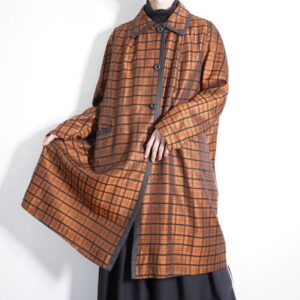 glossy brown check pattern spring coat