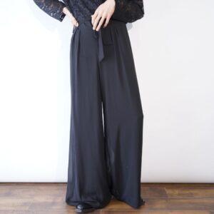 mode black belted design see-through layer wide pants