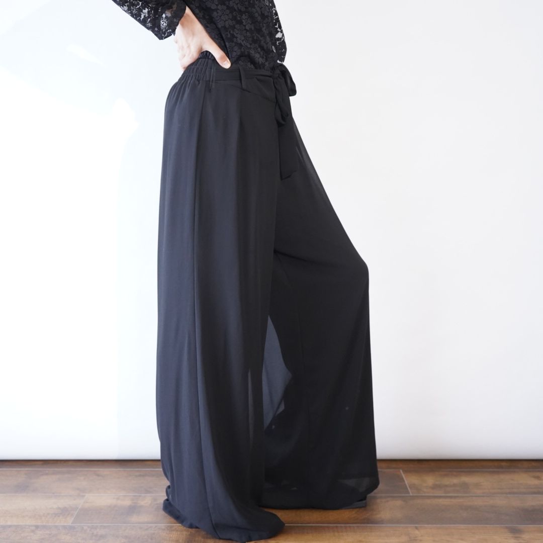 mode black belted design see-through layer wide pants | 古着・リメイクの専門店｜古着屋 月暈