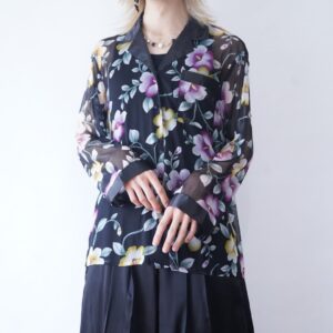 mode black flower pattern see-through shirt