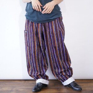 【Dickies】oversized stripe art pattern multi pocket wide easy pants