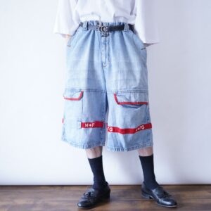 【MARITHE FRANCOIS GIRBAUD】ice blue × red velcro wide shorts