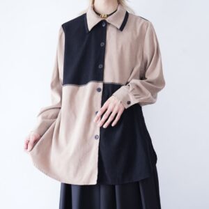 black × beige switching embroidery fake suede shirt