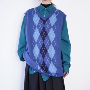 【KING SIZE】oversized blue color argyle cotton knit vest