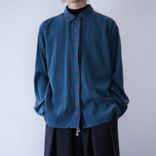 turquoise blue fakesuede flyfront embroidery shirt
