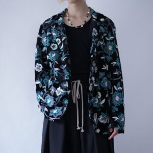 black × blue flower embroidery velours easy jacket