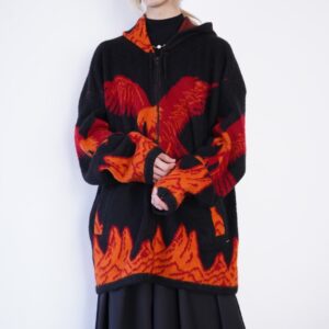 oversized black × red hawk design long hair knit parka