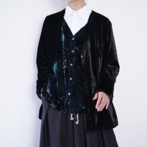 oversized black velours × pattern velours fake layered shirt jacket