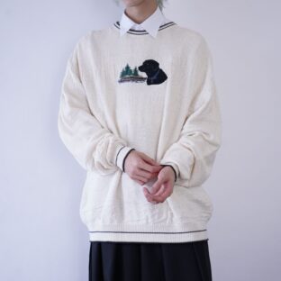 oversized white woven animal embroidery cotton knit