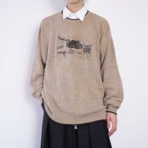 oversized mocha brown woven animal embroidery cotton knit