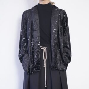 mode black velours flower pattern haori jacket