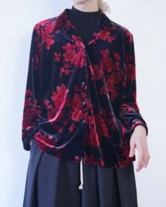 glossy black × red flower pattern velours shirt