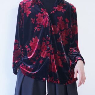 glossy black × red flower pattern velours shirt