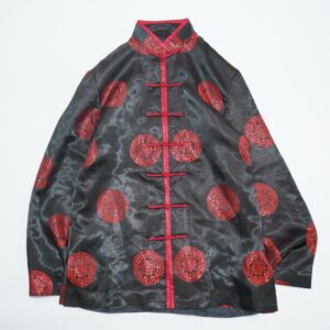 glossy black satin × red CHINA pattern shirt