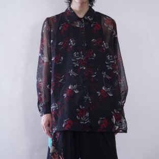 black × red mode flower pattern see-through shirt