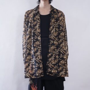 oversized black × camel reaf & tape pattern see-through shirt