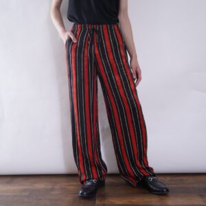 black × red stripe & flower pattern easy wide pants