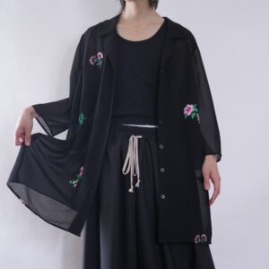 oversized flower embroidery black see-through shirt