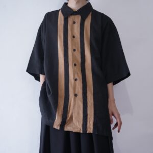 oversized 3XL black linen × light fakesuede switching shirt
