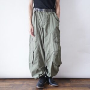olive khaki multi pocket gimmick cargo wide pants