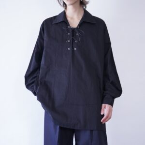 oversized black twill lace up pullover shirt