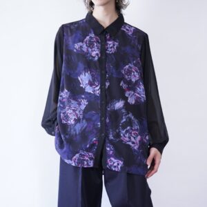 black base flower pattern see-through shirt