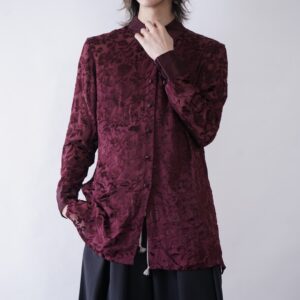 burgundy see-through × like velours pattern shirt