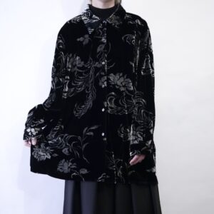 oversized glossy black × silver flower motif shirt